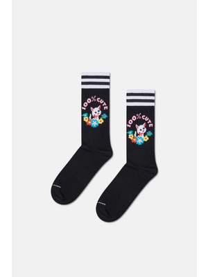 Happy Socks - Kadın Siyah Kedi Desenli Pamuklu Çorap