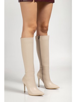 Zerenyus ZRİN-226 Premium Bej Fermuarlı Lastikli Ince Yüksek Topuklu Kadın Çizme