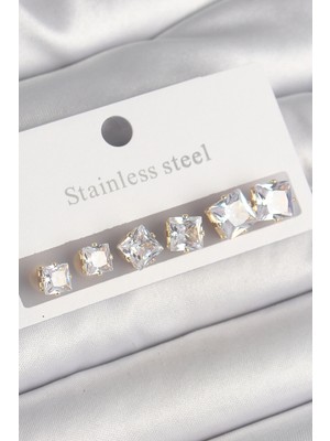 LaraTech 316L Çelik Gold Renk Kare Zirkon Taş Model Kadın Küpe Seti