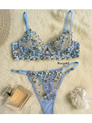 RUYAZ Mavi Çiçek Nakışlı Tül Transparan Sütyen Külot Takım (Sütyen Tanga)