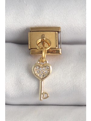 Ayder Timya 316L Çelik Gold Renk Sallantı Zirkon Taşlı Kalpli Anahtar Model Nomination Charm - TJ-BC1371 TG/Tmya1395 221449