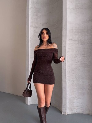 Aida Fashion Taşlı Madonna Yaka Elbise