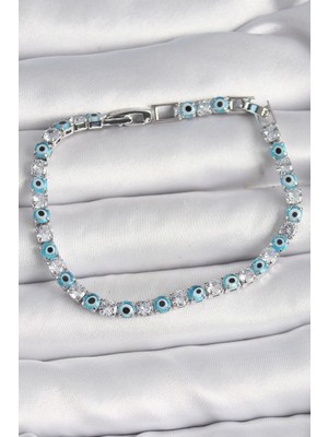 LaraTech Pirinç Gümüş Renk Su Yolu Zirkon Taşlı Nazar Boncuklu Kadın Bileklik