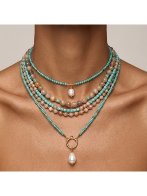 THEIA GemWorks Helira  — Turkuaz, Güneş Taşı, Hematit & İnci Kolye Seti