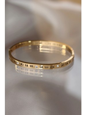 LaraTech 316L Çelik Roma Rakamlı Gold Renk Bilezik Kelepçe