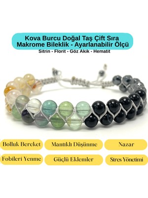 Yıldız Doğal Taş Sertifikalı Kova Burcu Doğal Taş Çift Sıra Makrome Bileklik