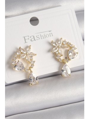 Ayder Timya Pirinç Gold Renk Zirkon Taşlı Çiçek Model Sallantı Damla Detay Kadın Küpe - TJ-BKP9911 TG/Tmya1395 218881