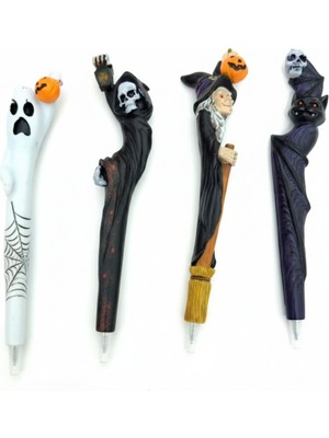 Dogadastore Hayalet İskelet Cadı Yarasa Konseptli Polyester Tükenmez Kalem 4 Lü Ürün