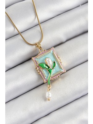 Pazarcan 316L Çelik Zincir Turkuaz Sanatsal Portre Sallantılı Inci Detaylı Lale Model Gold Renk Kadın Kolye