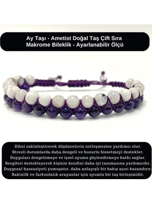 Yıldız Doğal Taş Sertifikalı Ametist - Ay Taşı Doğal Taş Çift Sıra Makrome Bileklik