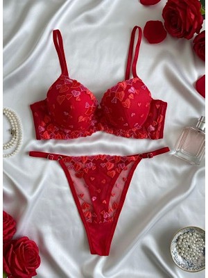 RUYAZ Kırmızı Kalp Desen Dolgulu Sütyen Külot Takım İç Çamaşır Takım