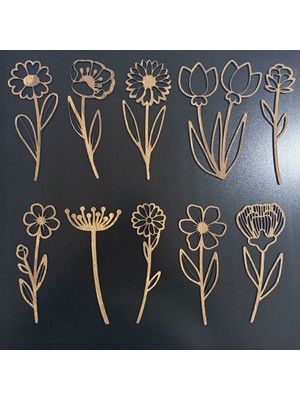 Pelince 10 Parça Lazer Kesim Ahşap Çiçek Seti | Dekoratif Vazo Çiçeği ve Sanat Projeleri | Y: 16 cm