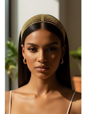 Altın Rengi Çok Sıralı Kristal Saç Bandı - Işıltılı Modern Gelin Alınlığı - Şık Saç Aksesuarı