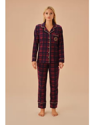 Dream Fashion Lacivert Ekose Hailey Gömlek Yaka Pijama Takımı