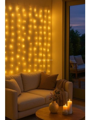 Busstier Perde LED Işık 3X3M 300 LED Uzaktan Kumandalı Sıcak Beyaz Dekoratif Aydınlatma