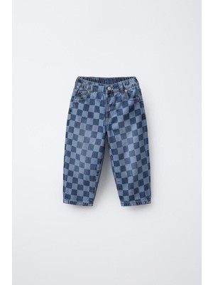 Magu Erkek Çocuk Kare Desenli Mavi Denim Pantolon