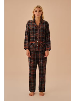 Dream Fashion Turuncu Ekoseli Chelsea Gömlek Yaka Pijama Takımı