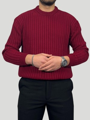 Havanna Premium Kalite  Selanik Örme Fitilli Triko Kazak - Bordo