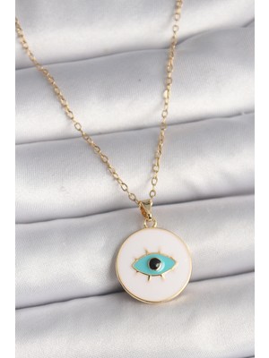 Ayder Timya 316L Çelik Gold Renk Zincir Beyaz Mineli Turkuaz Göz Işleme Model Kadın Kolye - TJ-BKO9730 TG/TMYA1395 219348