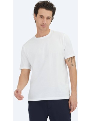 Kip Beyaz Düz Bisiklet Yaka %100 Pamuk T-Shirt