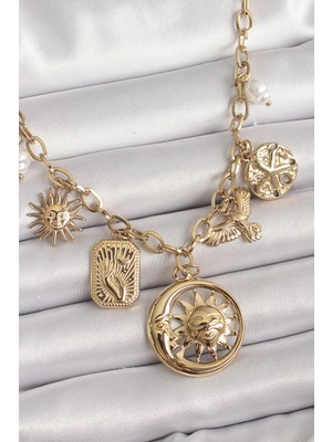 Ayder Timya 316L Çelik Gold Renk Halka Zincir Sallantı Ay Güneş Figür Kuş Detay Kadın Kolye - TJ-BKO9850 TG/Tmya1395 219702