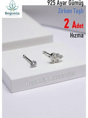 Begonia Accessories 925 Ayar Gümüş Zirkon Taşlı 2 Adet Hızma Set, Küpe Olarak Kullanıma Uygundur