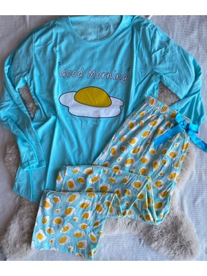Pamuk Penye Uzun Kollu Yumurta Desenli Kadın Pijama Takımı