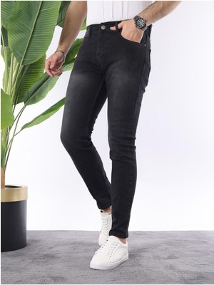 Erkek Siyah Slim Fit Eskitme Detaylı Keten Pantolon Dar Kesim Yazlık Rahat Kalıp