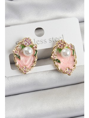 Ayder Timya Pirinç Pembe Mineli İnci Detaylı Sanatsal Portre Model Gold Renk Kadın Küpe - TJ-BKP10690 TG/Tmya1395 222222