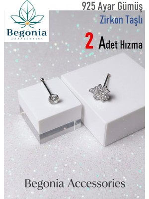 Begonia Accessories 925 Ayar Gümüş Zirkon Taşlı, Tek Taş ve Dört Yaprak Yonca Figürlü 2 Adet Hızma Set, Küpe Olarak Kullanıma Uygundur