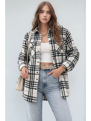 Mamayaga Kadın Desen Bloklu Oduncu Oversize Bol ve Geniş Kalıp Casual Cepli Yakalı Ceket Gömlek