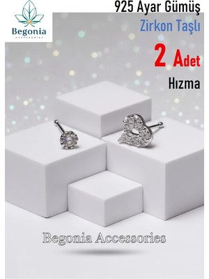 Begonia Accessories 925 Ayar Gümüş Zirkon Taşlı, Tek Taş ve İçi Boş Kalp Figürlü 2 Adet Hızma Set, Küpe Olarak Kullanıma Uygundur