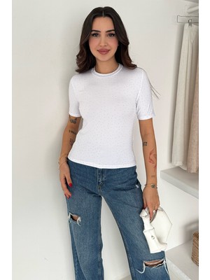 Noa Noa Kadın Taş Detaylı Kısa Kollu T-Shirt – Beige Spark