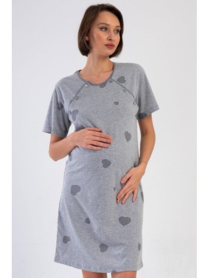 Vienetta Kadın Gri Melanj Kısa Kol Emzirme Kolaylıklı Lohusa Gecelik C6T5N1904