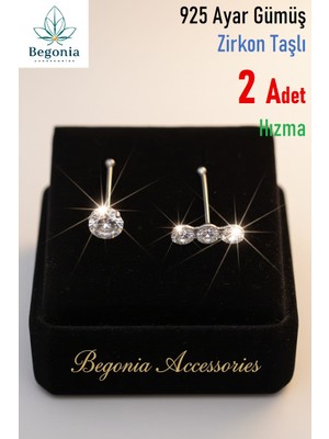 Begonia Accessories 925 Ayar Gümüş Zirkon Taşlı, Tek Taş ve Zirkon 3 Taş Figürlü 2 Adet Hızma Set, Küpe Olarak Kullanıma Uygundur
