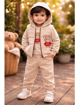 Minitex Erkek Bebek Ayıcık Baskılı Kapüşonlu Yelekli 3’lü Takım – Pamuklu Eşofman Takımı (9-24 Ay)