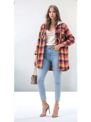 Mamayaga Kadın Desen Bloklu Oduncu Oversize Geniş Kalıp Casual Cepli Kapüşonlu Uzun Boy Ceket Gömlek