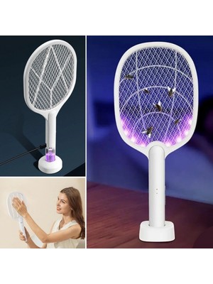 MiraLive Şarjlı Sinek Öldürücü Masaüstü Standlı,mor Işık Sinek Kovucu Raket 5W