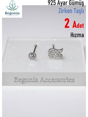 Begonia Accessories 925 Ayar Gümüş Zirkon Taşlı, Tek Taş ve Lale Figürlü 2 Adet Hızma Set, Küpe Olarak Kullanıma Uygundur