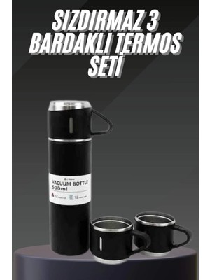 SHC4200 Bfs Termos Seti Paslanmaz Çelik 3 Bardaklı Vakumlu Termos Set 500 ml 12 Saate Kadar Isı Koruma