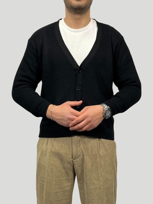 Havanna Erkek Sık Dokuma  Örgü Crop Kesim Oversize Hırka Ceket - Siyah