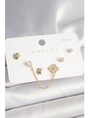 Ayder Timya 925 Ayar Gümüş Çivi Pirinç Gold Renk Zirkon Taşlı Yonca Model Sallantı Zincir Detay Kadın Küpe Seti - TJ-BKP10401 TG/Tmya1395 220562