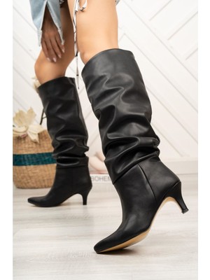 Arda Kadın ÇIZMESR-2001 Siyah Körüklü Ince Topuklu Günlük Bayan Çizme