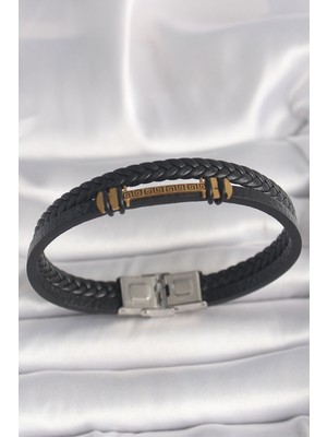 Ayder Timya 316L Çelik Gold Renk ZikZak İşlemeli Aksesuarlı Çift Sıra Burgu Desenli Deri Kordon Erkek Bileklik - TJ-EB3705 TG/Tmya1395 220420