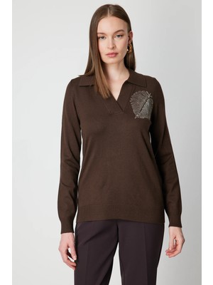 On Triko Omzu Zincirli Yaprak Detaylı Triko Kazak  65334