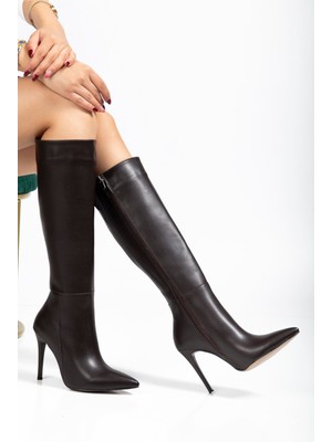 Arda Bayan ÇIZMELS-226 Kahve Cilt Fermuarlı Lastikli Ince Yüksek Topuklu Kadın Çizme