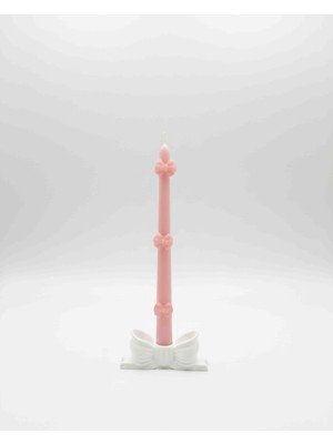 Yo&Ma Dekoratif Fiyonk Detaylı Pembe Şamdan Mum & Beyaz Şamdanlık Seti