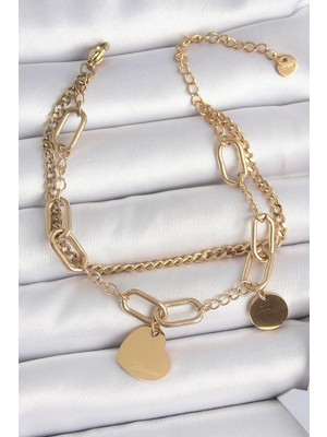Ayder Timya 316L Çelik Gold Renk 2'Li Zincir Model Sallantı Kalp Figür Kadın Bileklik - TJ-BB6953 TG/Tmya1395 221238