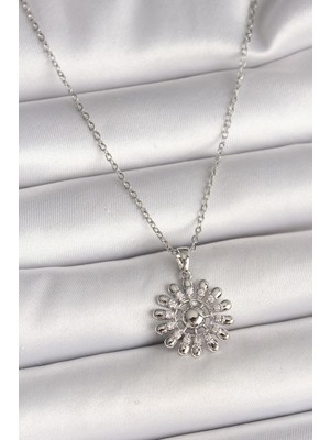 Ayder Timya 316L Çelik Gümüş Renk Zincir Zirkon Taşlı Güneş Model Kadın Kolye - TJ-BKO9967 TG/Tmya1395 220619