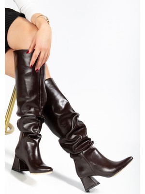 Arda Kadın ÇIZMESYT-2002 Kahve Kırışık Rugan Körüklü Kalın Topuklu Günlük Bayan Çizme